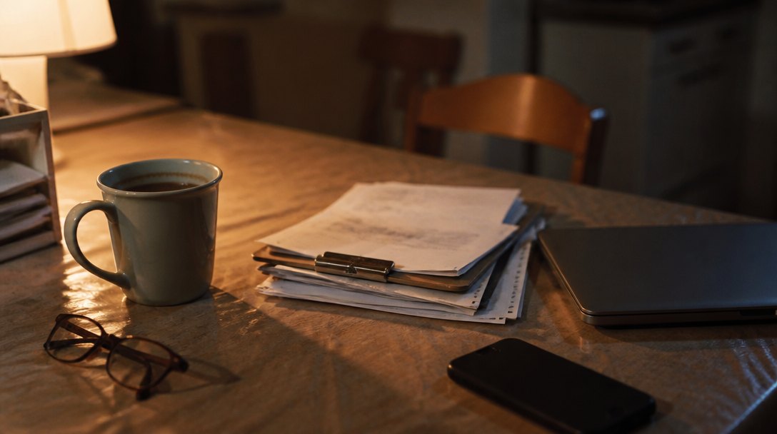 A small business owner's paperwork corner in the evening: a closed laptop, a clipped stack of invoices, a phone face down, reading glasses and a mug under lamplight.