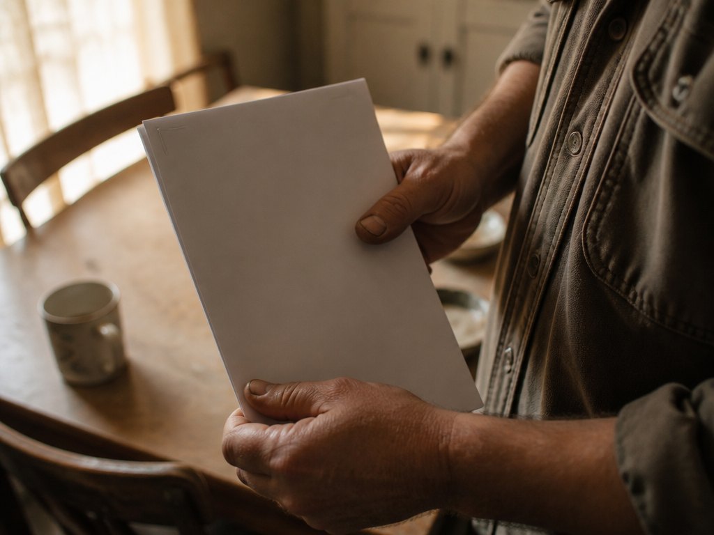 A pair of weathered working hands holding a short stapled paper report at a kitchen table in morning light.
