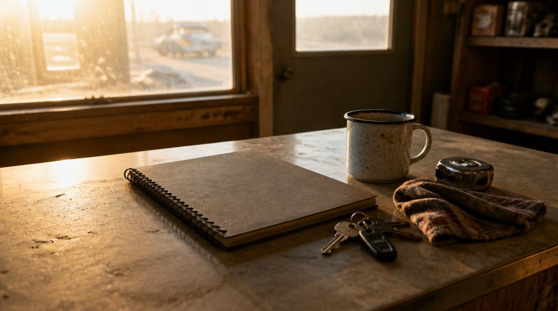 A small shop counter at dawn: a closed notepad, an enamel mug, truck keys and a tape measure in low morning light.